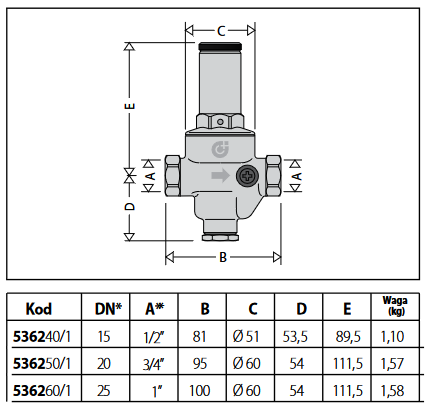 Reduktor regulator ciśnienia wody 1" CALEFFI 536261 z manometrem