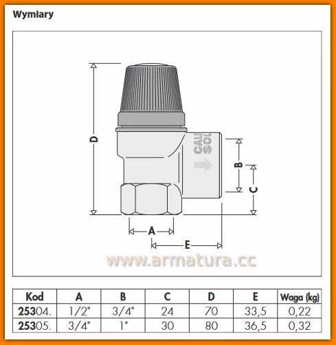 Zawór bezpieczeństwa 1/2"x3/4" 10 bar 253040 CALEFFI dla instalacji solarnych